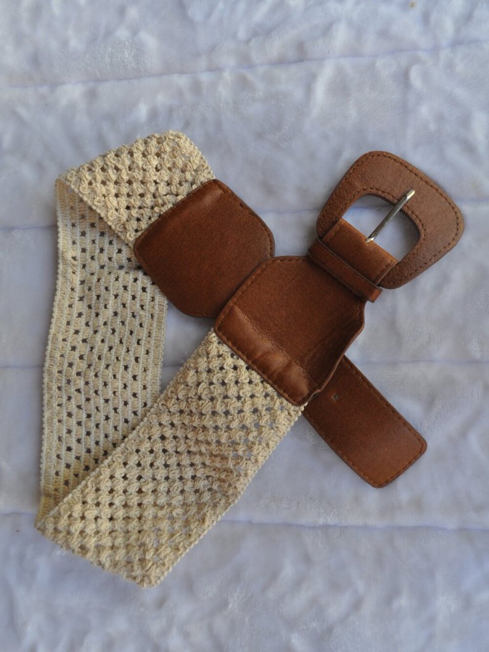 Belt Women's Bohemian Crochet - Stretchy Waist Belt - Cream Brown Faux Leather